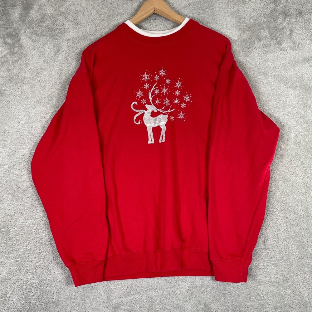 Vintage Christmas Sweatshirt Women Large Red Reindeer Snowflakes Holiday